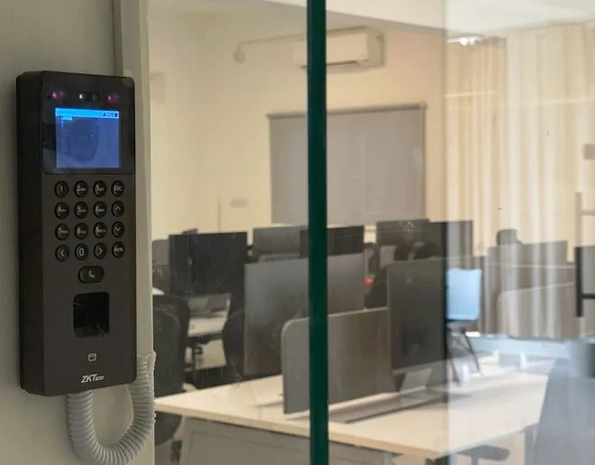 Biometric access control terminal at the office entrance